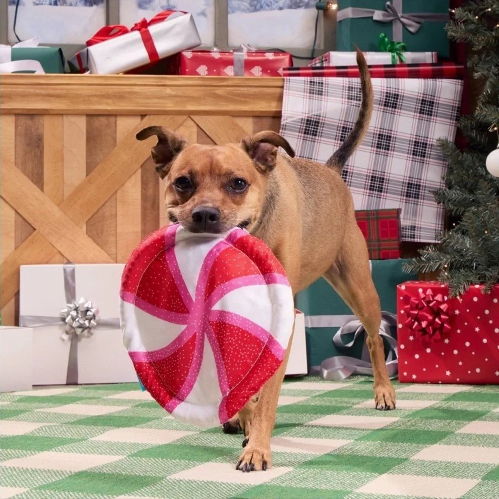 BARK Holiday Santas Workchomp Peppermint Fetch Dog Plush Toy, All dog sizes- Nwt